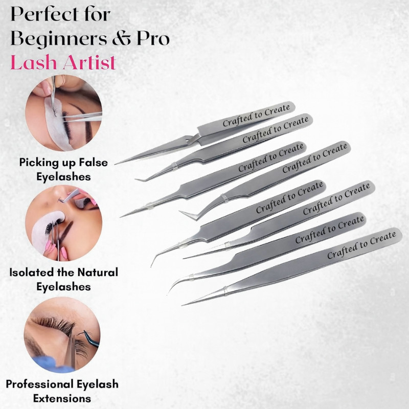 Crafted to Create – 8pc Silver Tweezer Set for Lash Extensions & Craft Precision