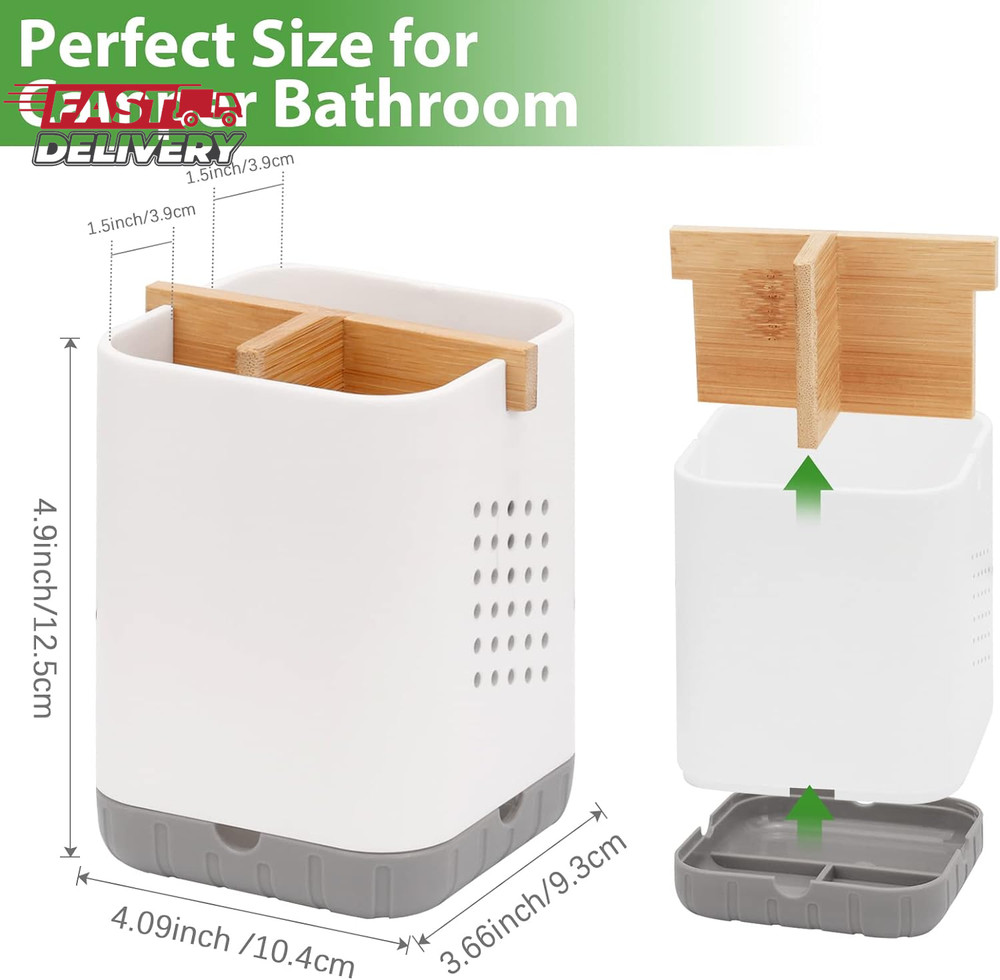 Boperzi Toothbrush and Toothpaste Holder with Bamboo Divider for Bathroom Counte