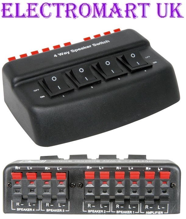4 WAY PAIR STEREO SPEAKER LOUDSPEAKER SELECTOR SPLITTER SWITCH BOX 100W