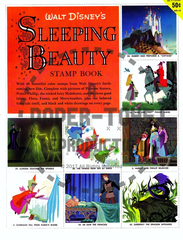 VINTAGE REPRINT - 1958 - SLEEPING BEAUTY STAMP BOOK - REPRODUCTION