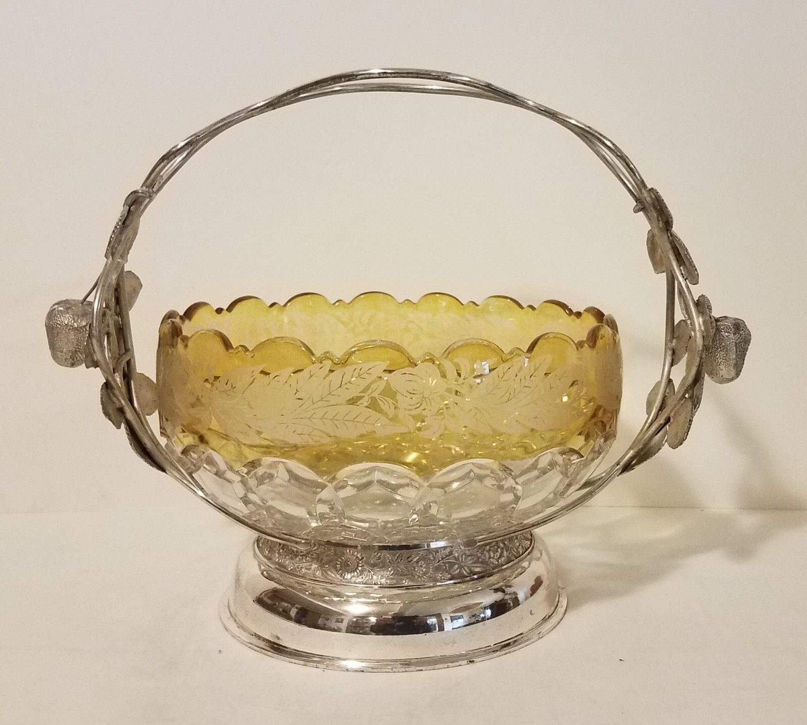 Bride's Basket glass bowl with elaborate silverplate holder