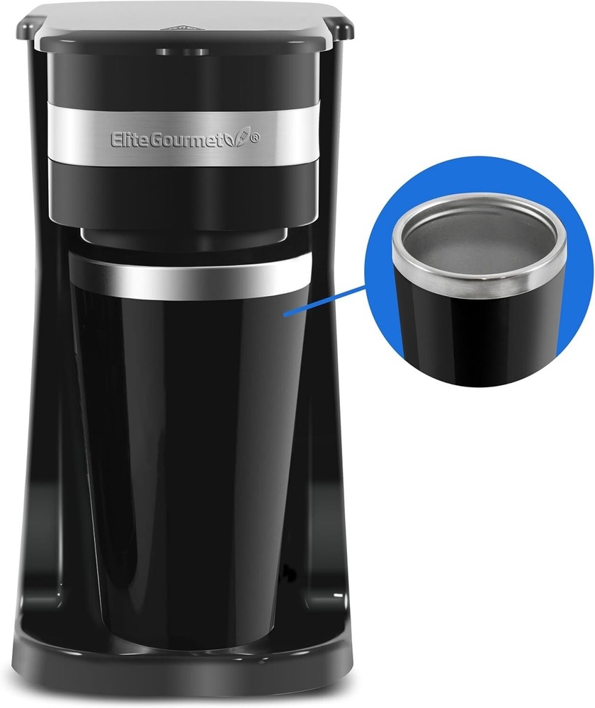Quick Brew Compact Coffee Maker with Reusable Filter & Insulated Travel Mug