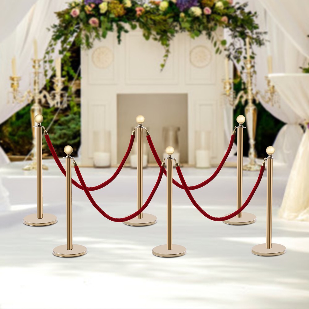 6 Pcs Red Velvet Rope +Gold Stanchion Post Set Crowd Control Queue Pole Barrier