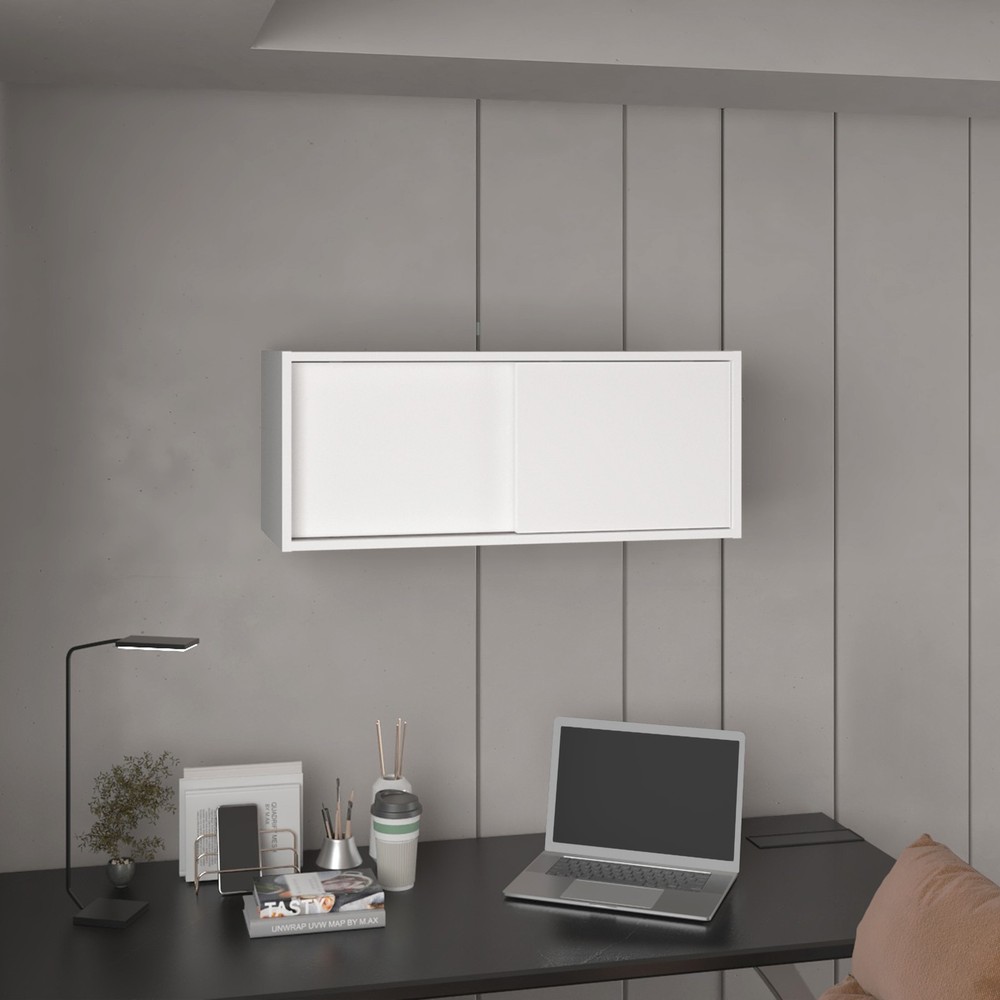 Wall-mounted multi-functional H wall cabinet - white, with two sliding doors
