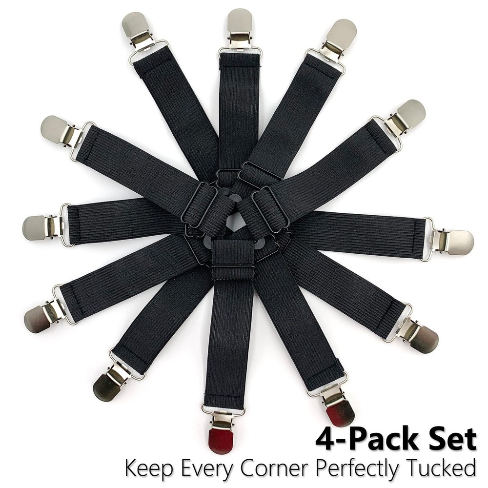 Qgond 4PCS Bed Sheet Holder Straps – Triangle Adjustable Elastic Black
