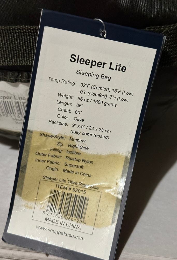 Snugpak "Sleeper Lite" Olive RH 92015 Proforce Sleeping Bag *NEW*