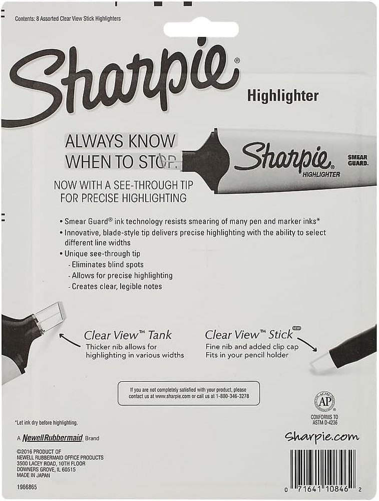 Sharpie Clear View Highlighter Sticks, Chisel 8 Count (Pack of 1), Assorted