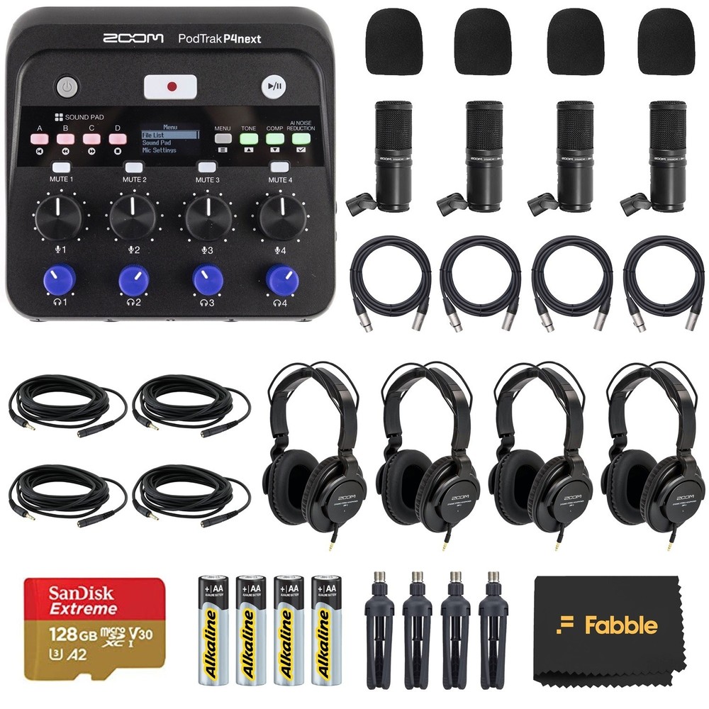 Zoom PodTrak P4next Portable Multitrack Podcast Recorder Bundle