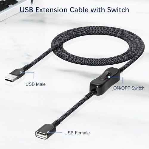 USB On Off Switch Cable,USB Extension Cable Support Data and 6.6FT/2M Black