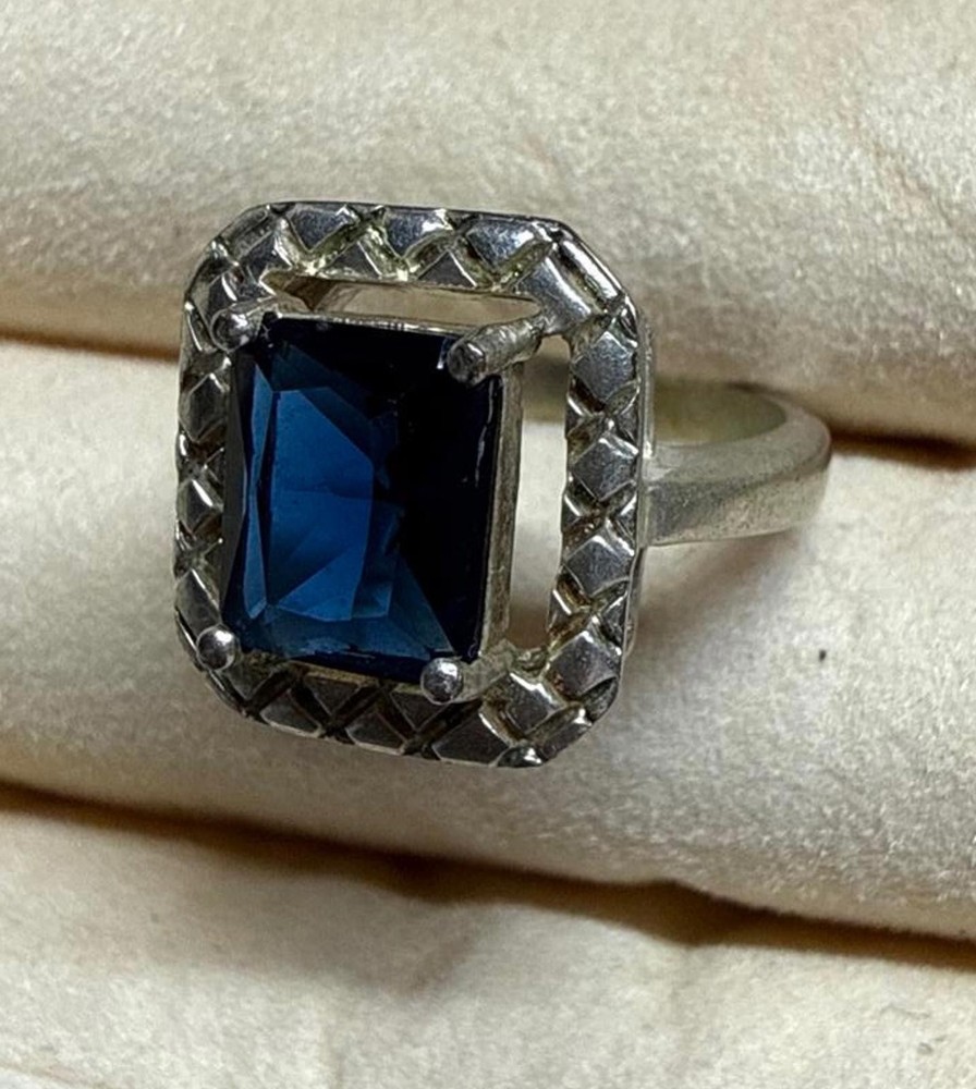 Sterling Silver Ring with Cushion Cut Rectangular Blue Sapphire