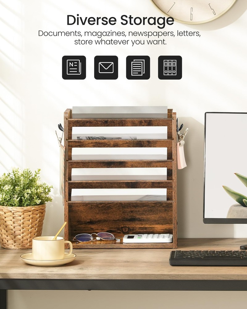 Wall File Organizer, 6-Tier Vertical Mount Hanging Holder with 2 Side Hooks, ...