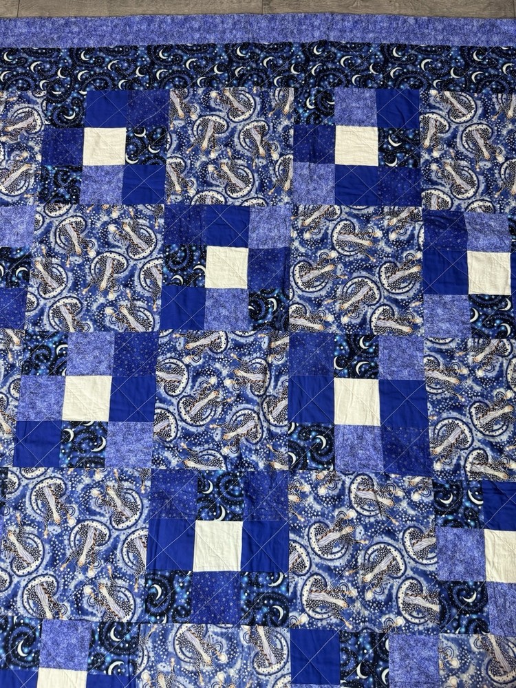 Handmade Modern Quilt Blue Celestial Wizard 9 Square Flannel Back Queen Signed