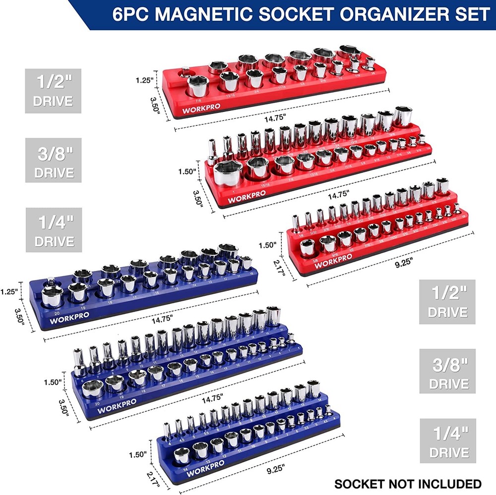 WORKPRO Magnetic Socket Organizer 6-PACK Set 1/4'' 3/8'' 1/2'' Dr Metric SAE