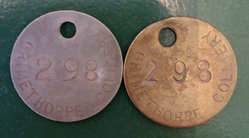 2x GRIMETHORPE Colliery Pit Check Tally - marked GRIMETHORPE COLLIERY 298