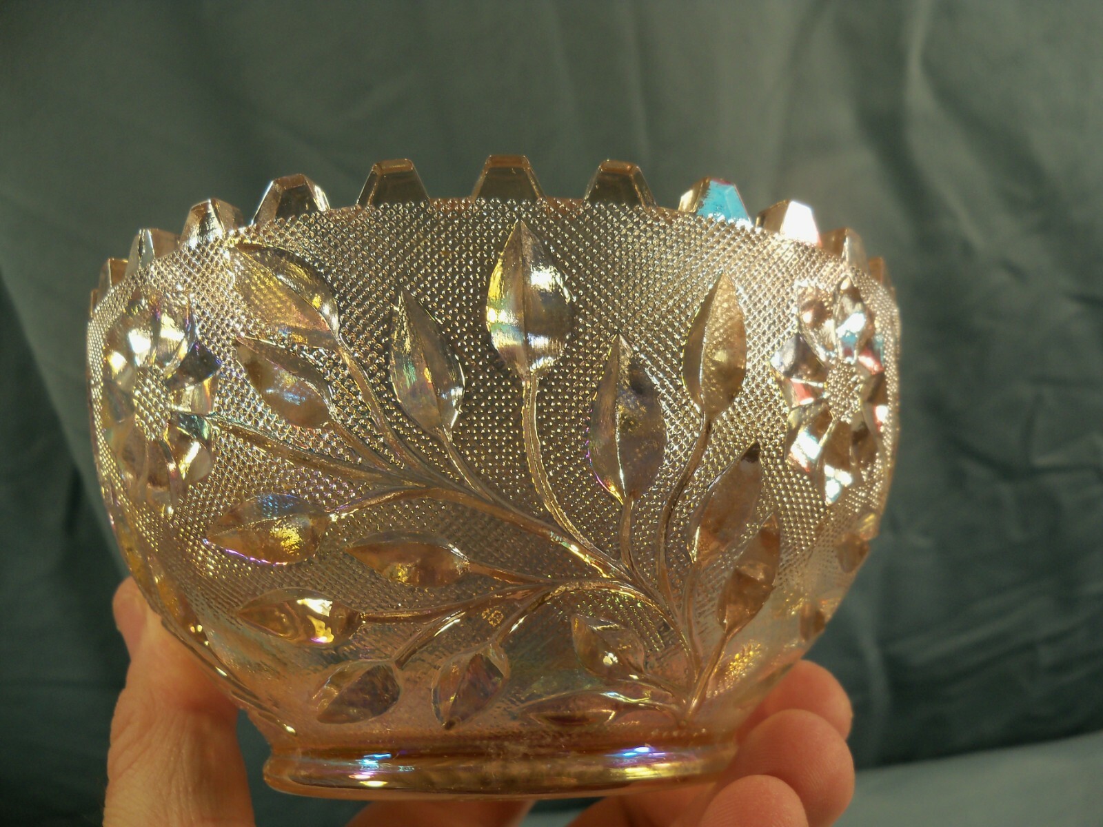 Westmoreland Pink Carnival Glass Wildflower & Lace Finger Bowl / Fireball Bottom