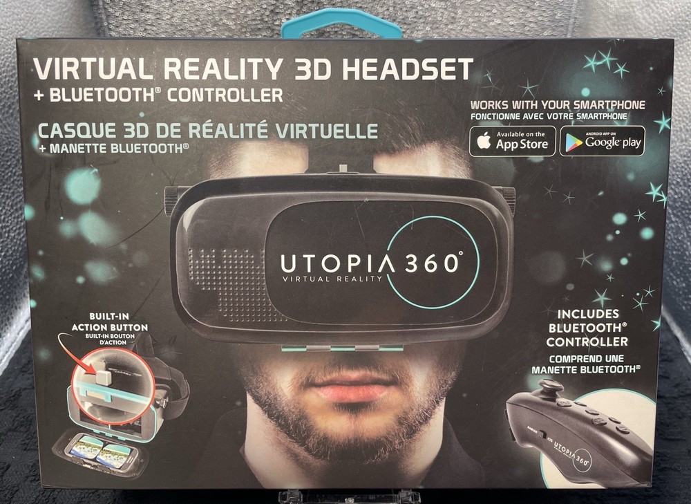 Utopia 360 Virtual Reality 3D VR Headset + Bluetooth Controller NEW Sealed
