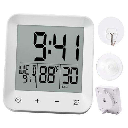 Waterproof Shower Clock with Timer, Bathroom Wall Clock Displaying White
