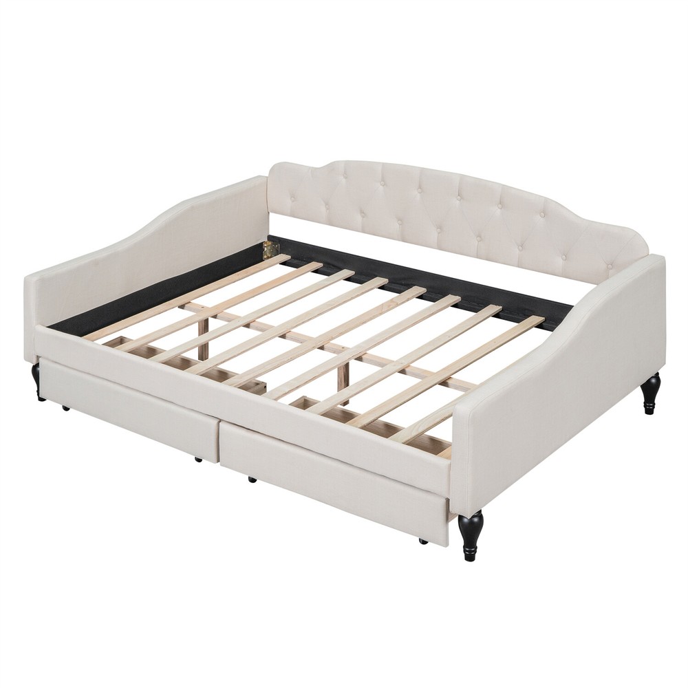 Full Size Daybed Upholstered Bed Frame Sofa Bed with 2 Storage Drawer Beige