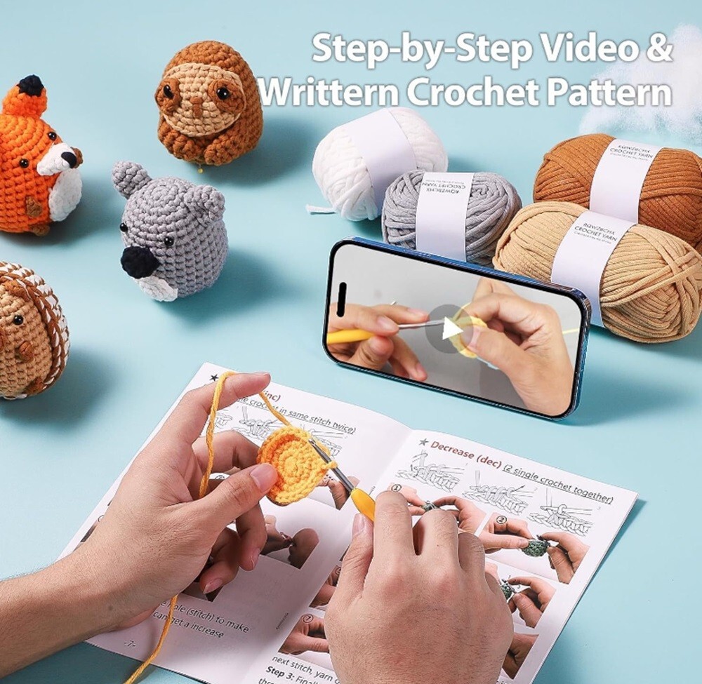 Beginner Crochet Kit 4-Pack DIY Animal Set w/ Yarn Hook & Video Tutorials Gift