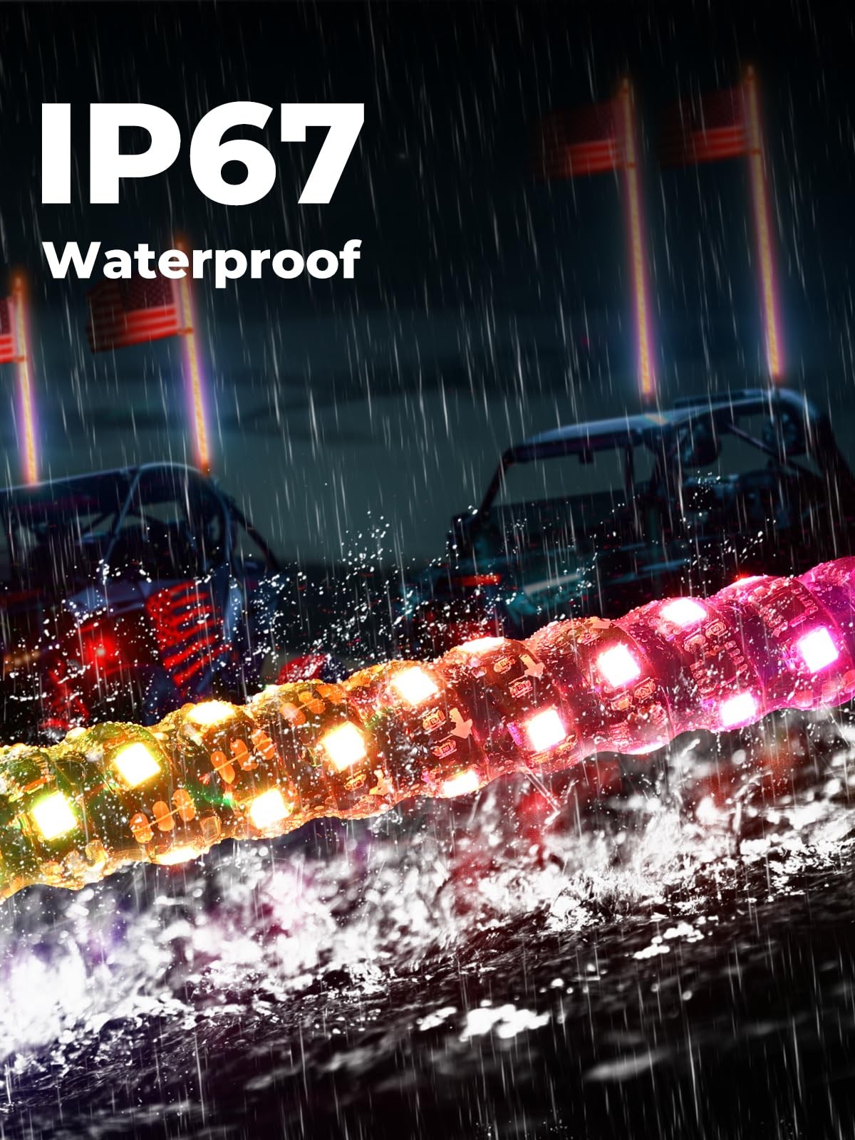 KEMIMOTO 2pc 3ft Bluetooth RGB LED Whip Lights for UTV ATV, Turn Signal Function