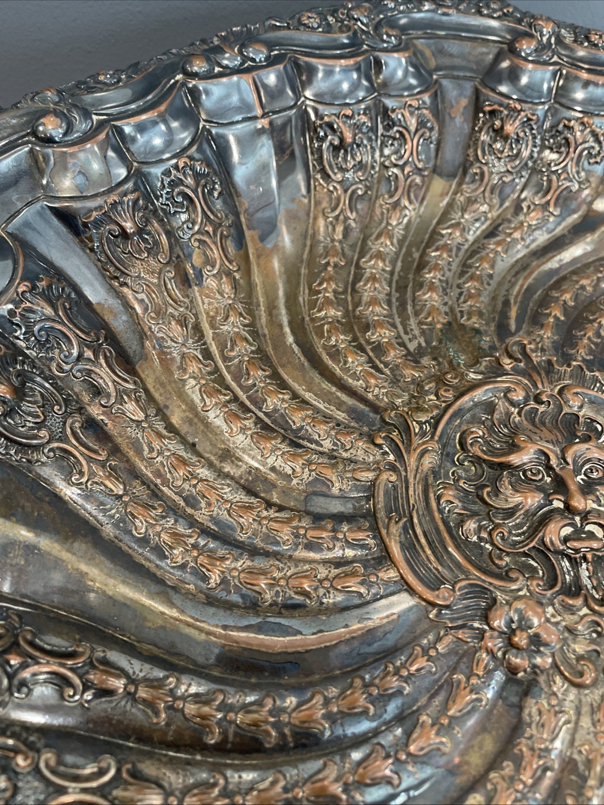 Antique German Silver Rococo Baroque Renaissance Green Man Face Charger Tray