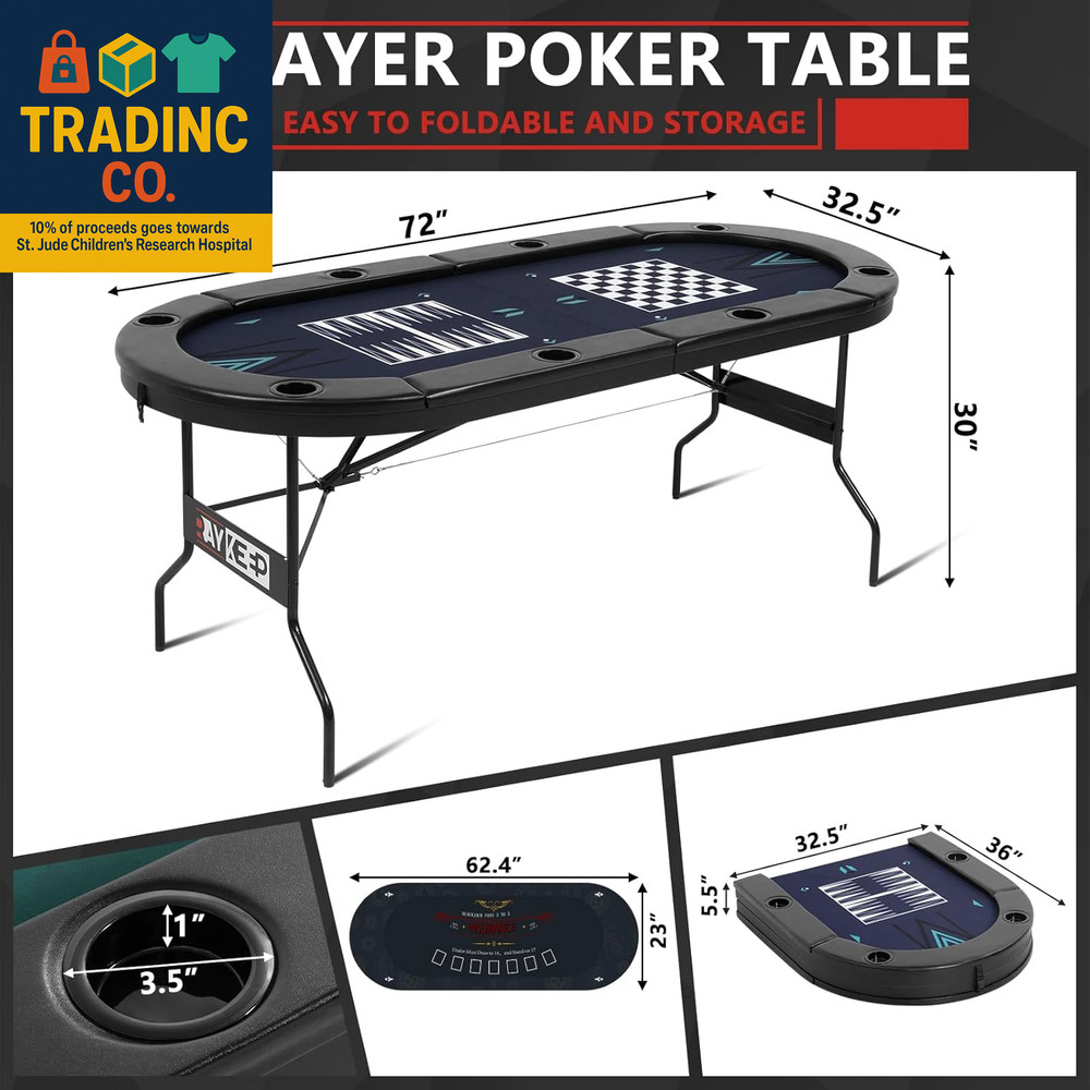 4-In-1 Poker Table Foldable, 8 Player Folding Poker Table W/Interchangeable Texa