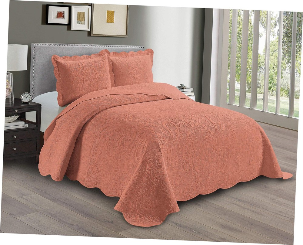 Embossed Coverlet Bedspread Set Oversized Solid Coral King/California King