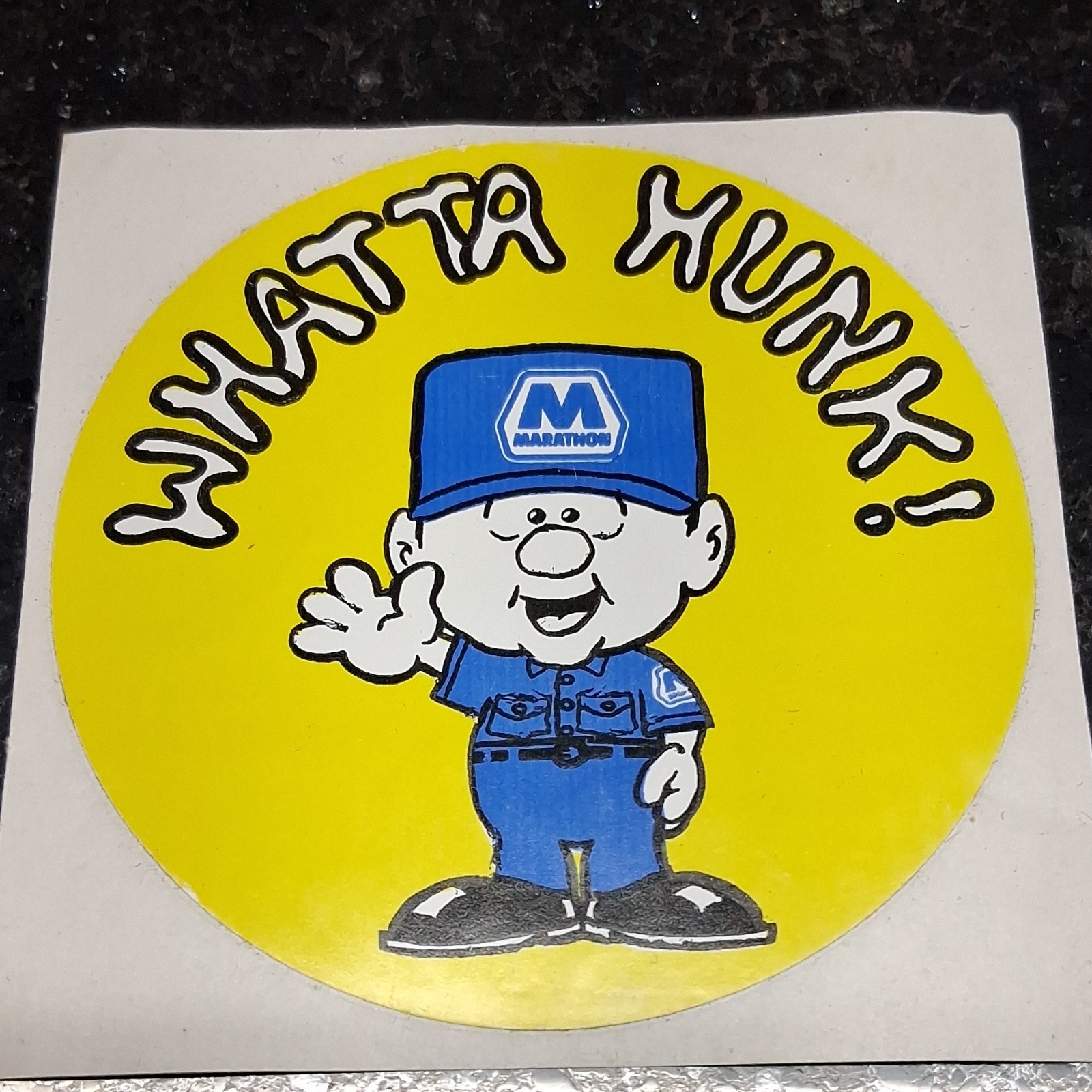 Marathon Gas & Oil Cartoon Character Stickers 'Whatta Hunk!' 'Catch Me!'