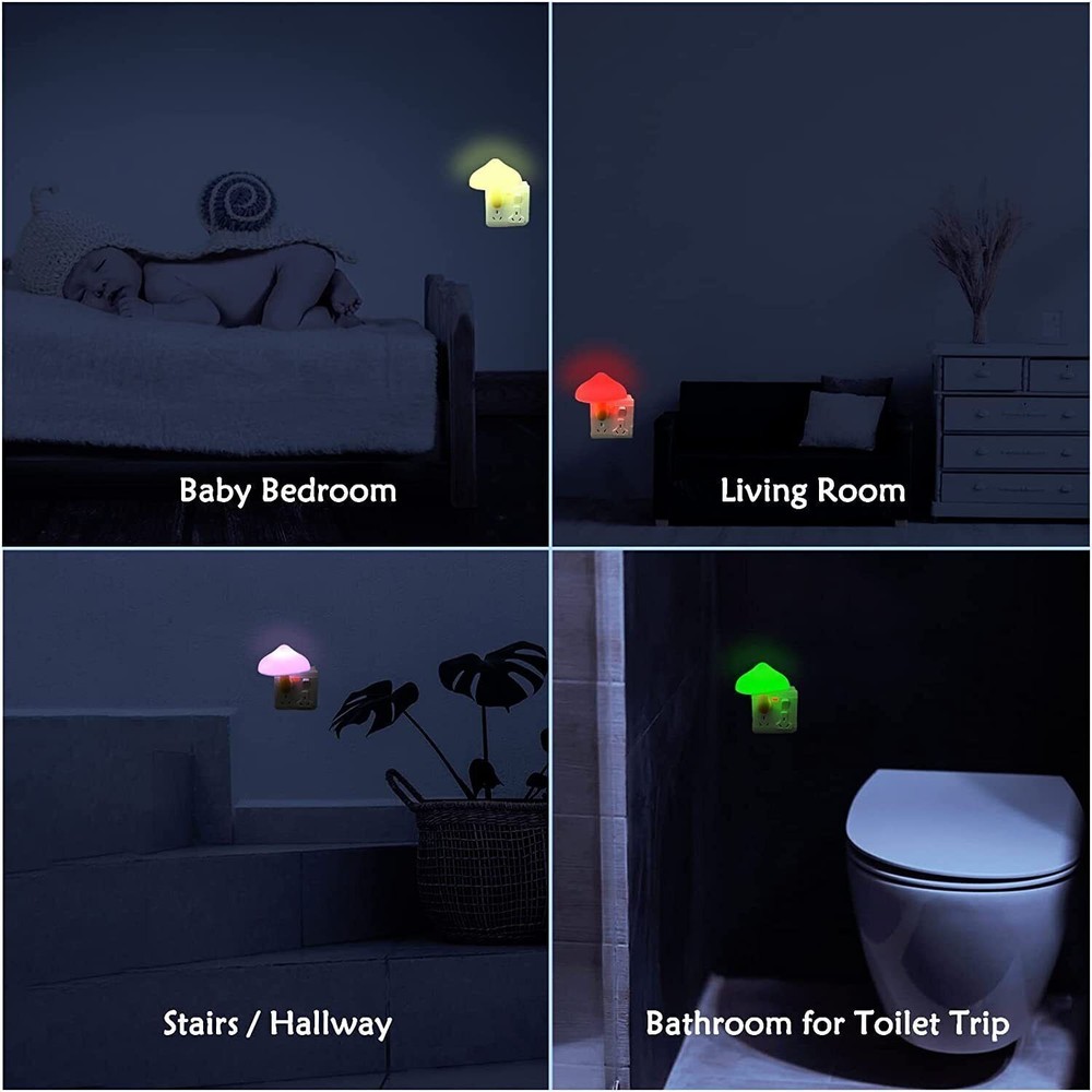 3Pack LED Night Lights Mushroom Gradient Light Sensor Plug-in Wall Lamps Decor