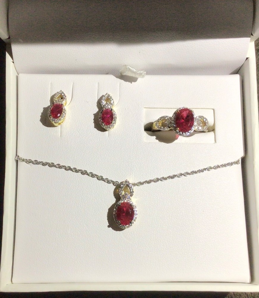 NIB Lab Created Ruby& White Sapphire Ring, Necklace, Earrings Set