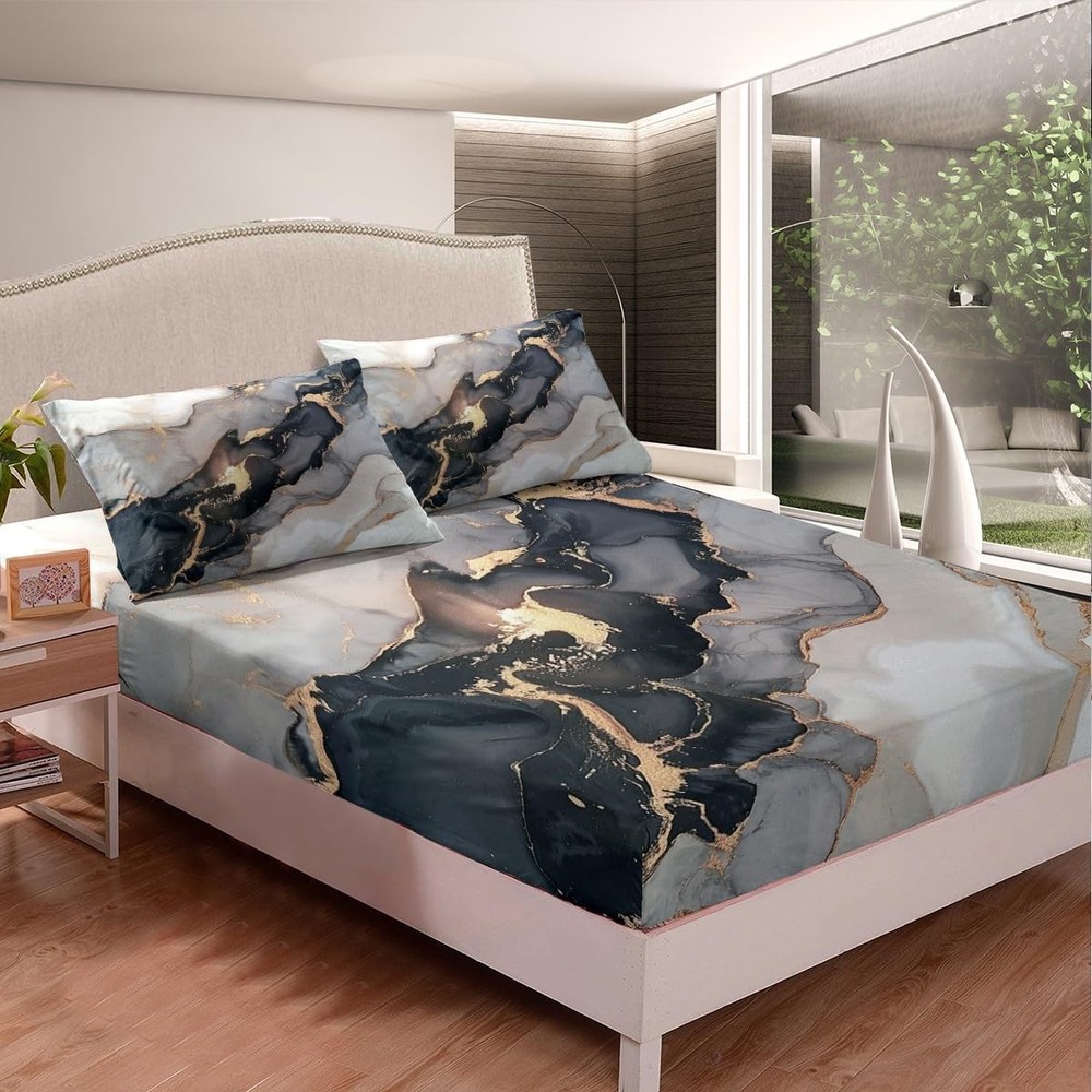 Black Marble Sheet Set - White Gray Gold Marble Bed Sheets Sets - Luxury Soft...