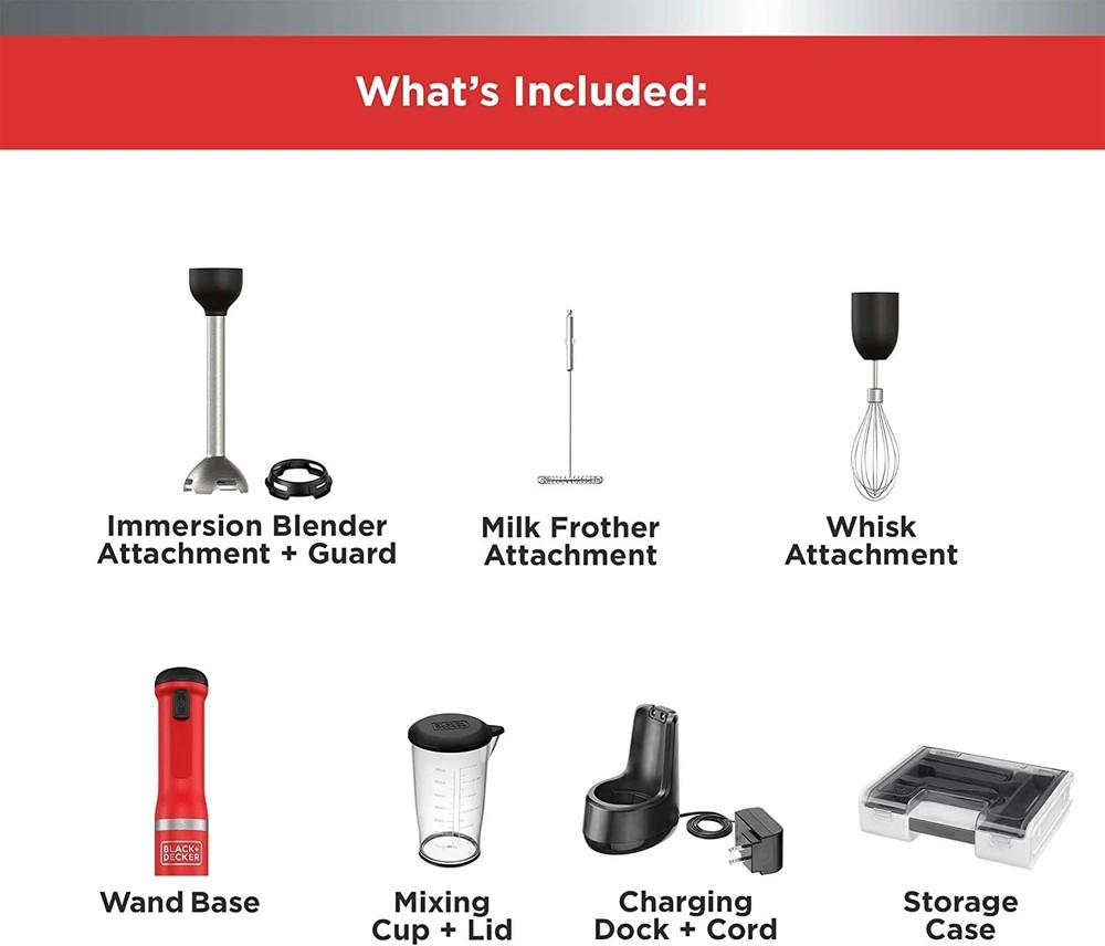 Black & Decker 3-in-1 Kitchen Wand Cordless Immersion Blender Multi Tool Set Red