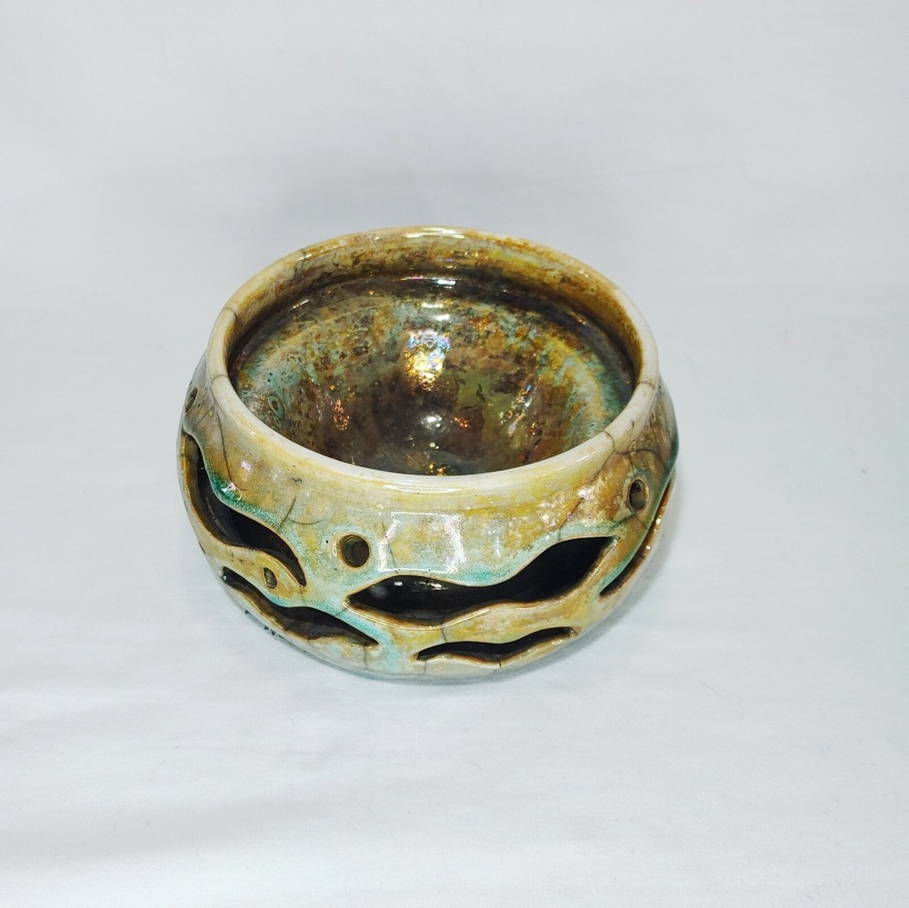 Raku Pottery Double Wall Slits Cut Outs Metallic Signed