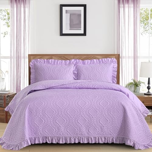 Quilt Set Bedspread Bedding Set, Purple Ruffled Lightweight Queen Lavender