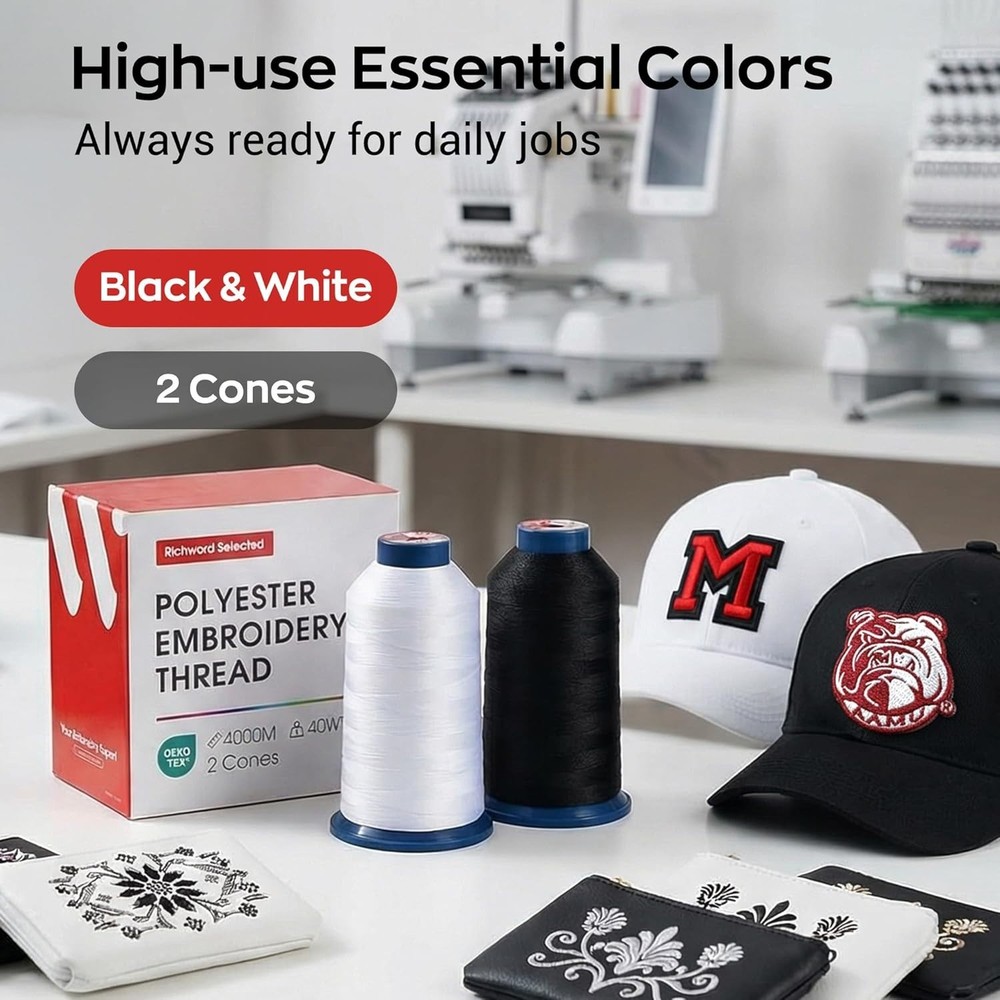 Durable 2-Pack 4000M White Embroidery Thread for All Machines - 40WT Polyester