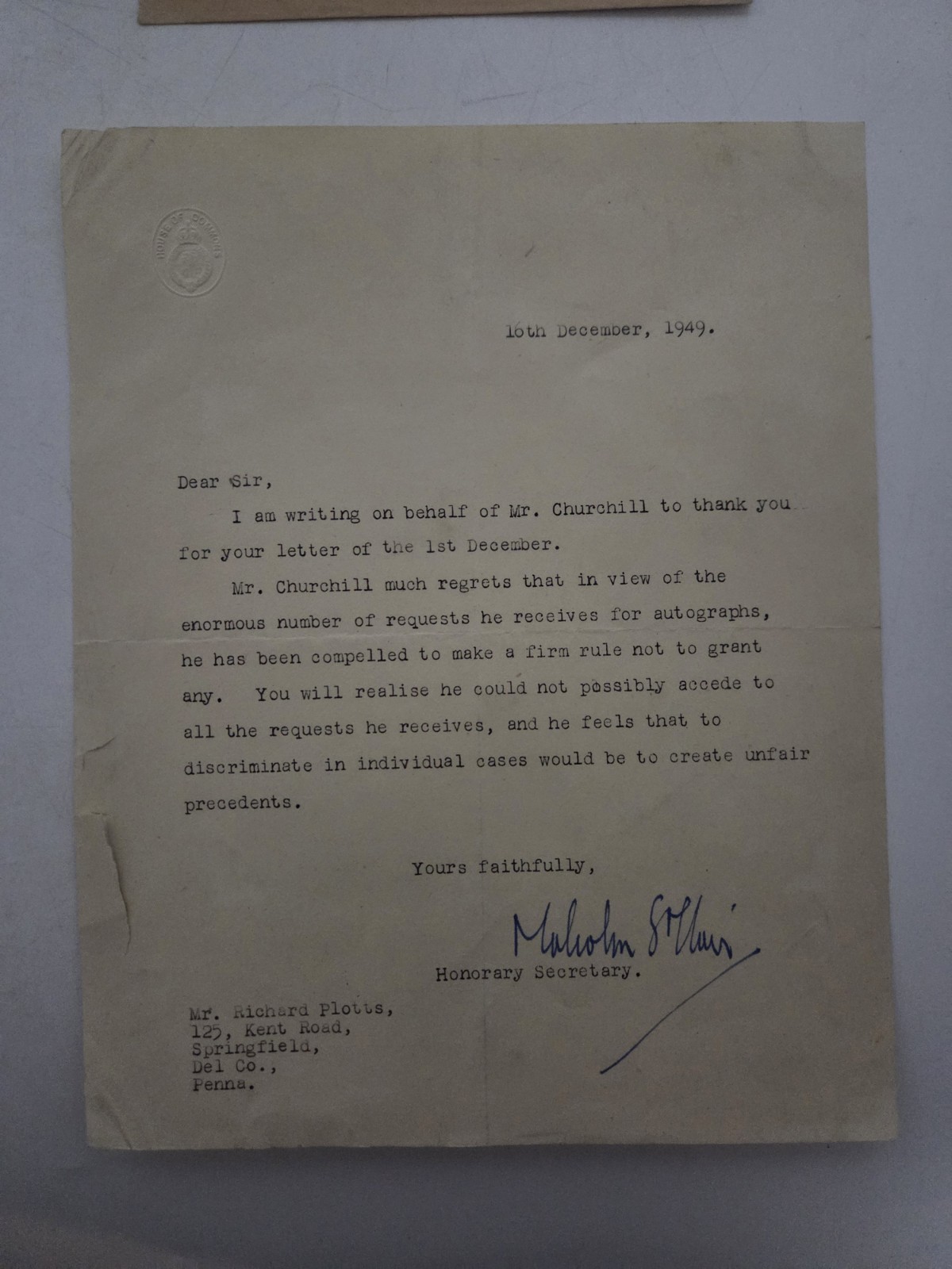 Winston Churchill Autograph Request Rejection Letter Sign By Secretary