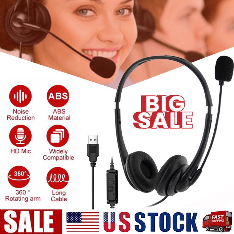 USB Headset Headphone With Microphone Noise Cancelling For PC Computer Call Chat