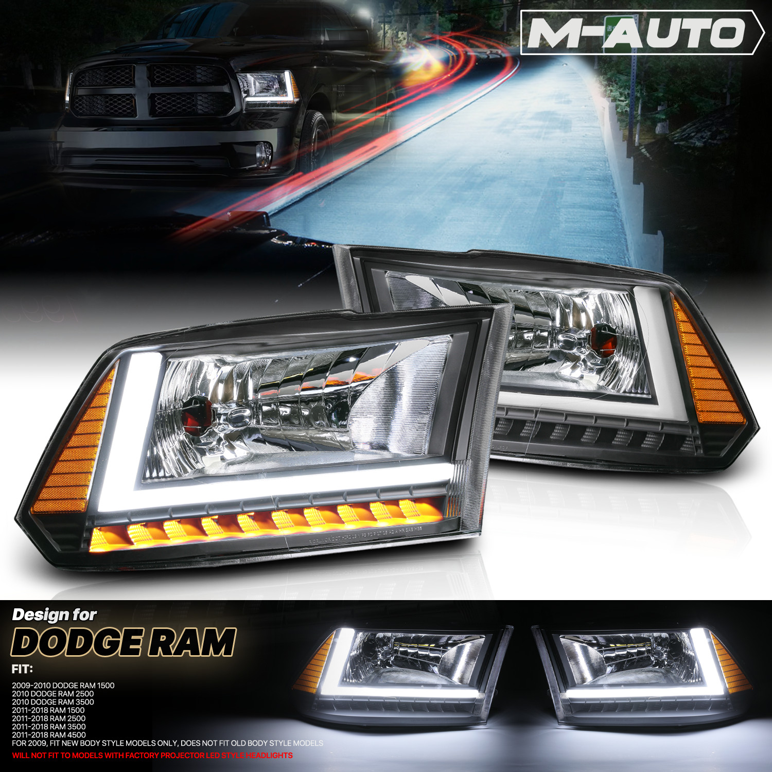 L+R Amber Corner OE Style Headlight [LED LIGHT BAR] for 09-18 Ram 1500 2500 3500