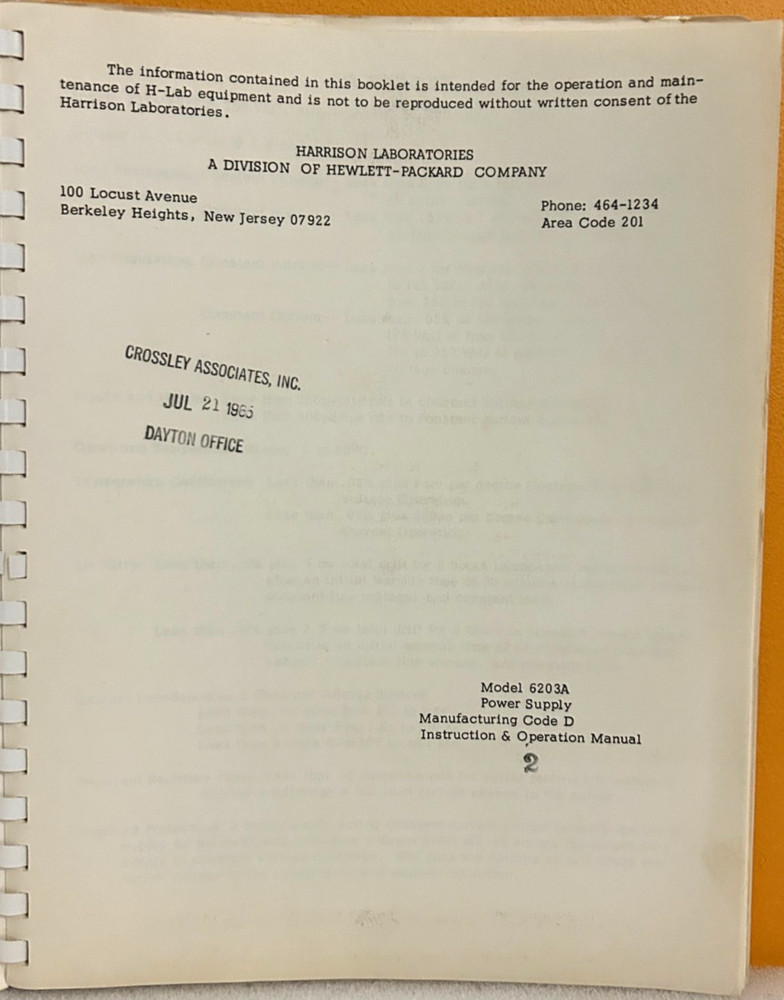 HP Harrison Model 6203A Manufacturing Code D Power Supply Operation Manual.