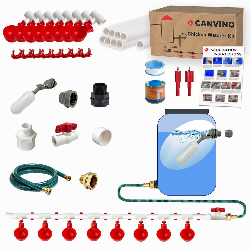 Automatic Chicken Waterer System (45 Accessories Included), Complete PVC Pipe...