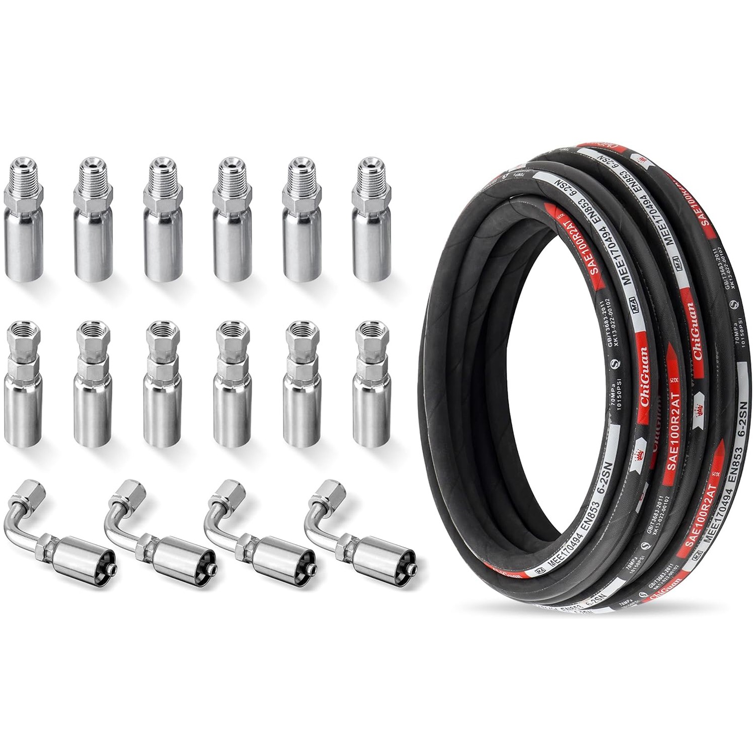 Hydraulic Hose Kit 33FT Hose + Straight & 90° 1/4" JIC & 1/4" NPTF Male Fittings