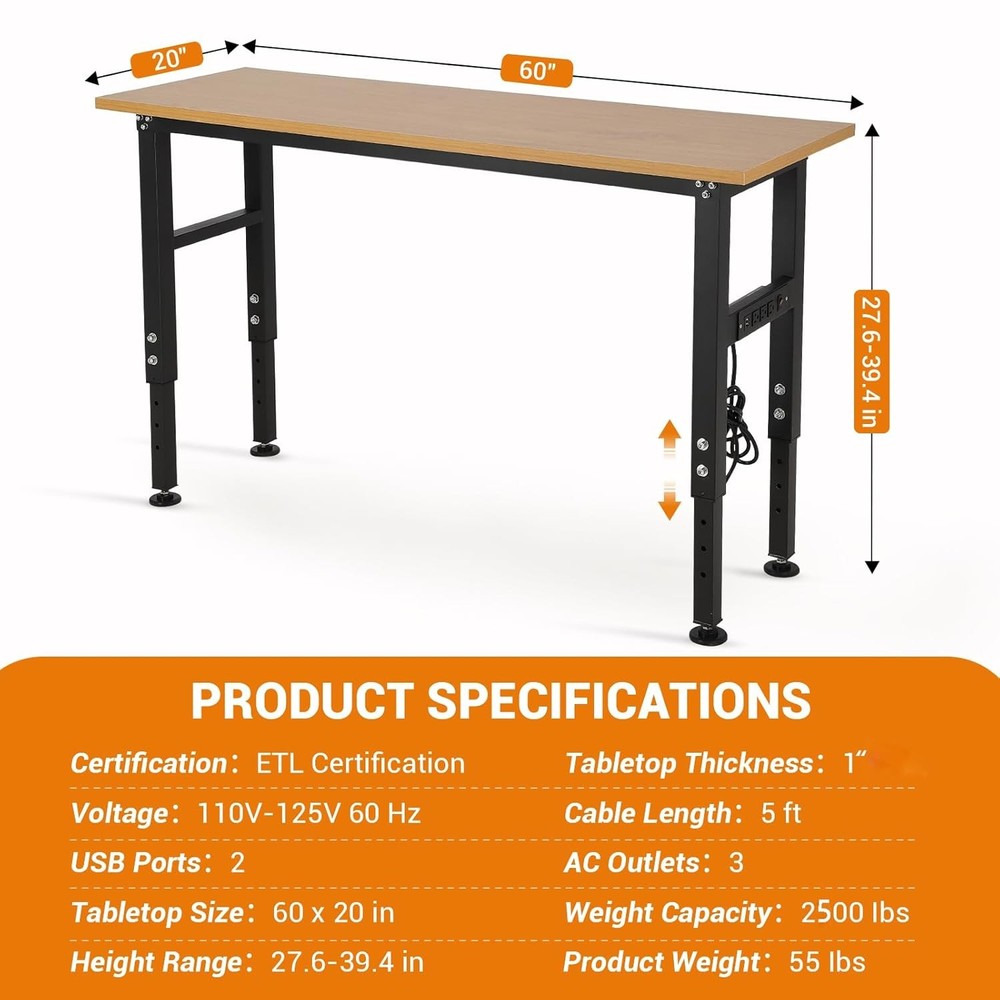 60x20 Inch Adjustable Workbench 2500 Lbs Work Table Tool Bench with Power Outlet