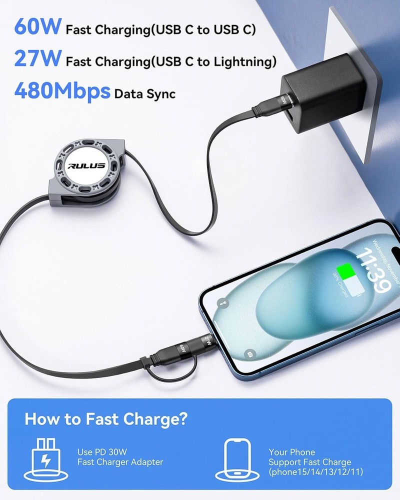 RULUS 2 in 1 Retractable USB C Cable 60W, [2Pack,4ft] C to...