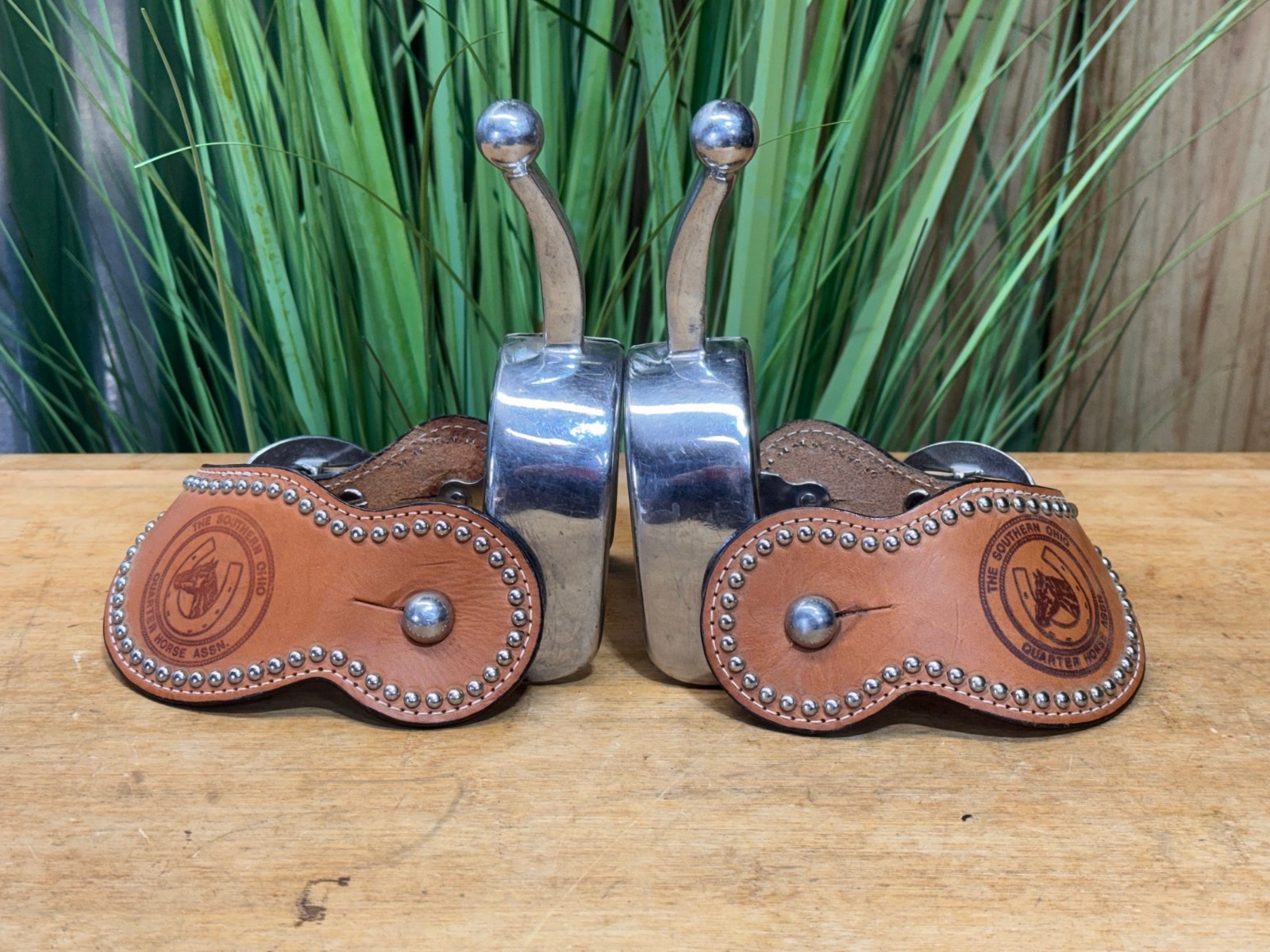 Silver Mounted Long Shank SS Western BALL END Spurs w Spotted Leather Straps