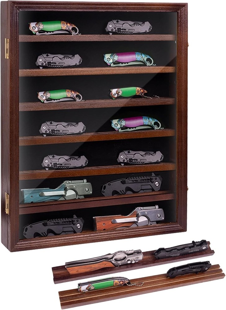 7 Layers Knife Display Case Wood Locking Cabinet with 6 Removable Double Shelves