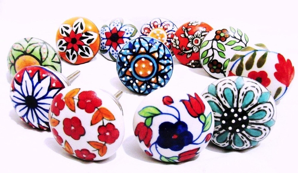 Indian Set 10 pc Multi Color Ceramic Door Pulls Set of Handmade Cabinet knobs