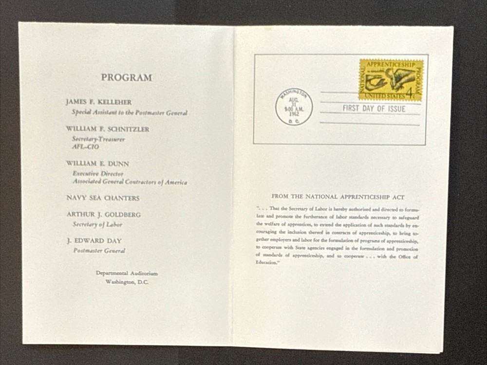 1962 Apprenticeship Program 4 cent Stamp First Day Ceremony Program Sc# 1201