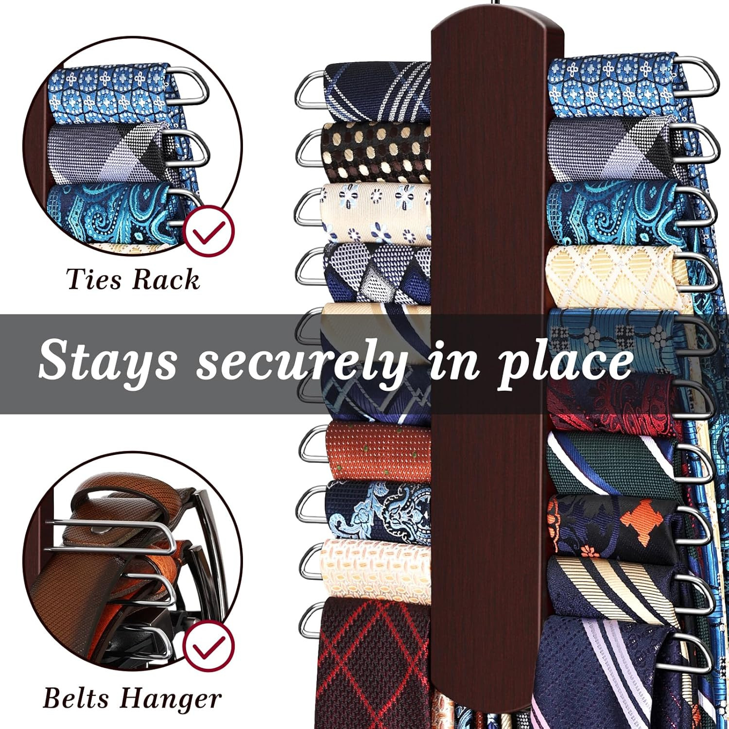 2 Pack Tie Rack for Closet Premium Wooden Necktie Organizer Storage Tie/Belt 40