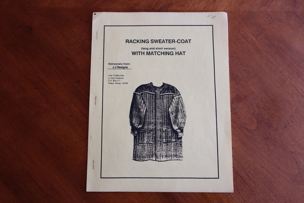 Racking Sweater Coat Long/Short w/Hat Pattern Ribber Machine Knitting JJ Designs