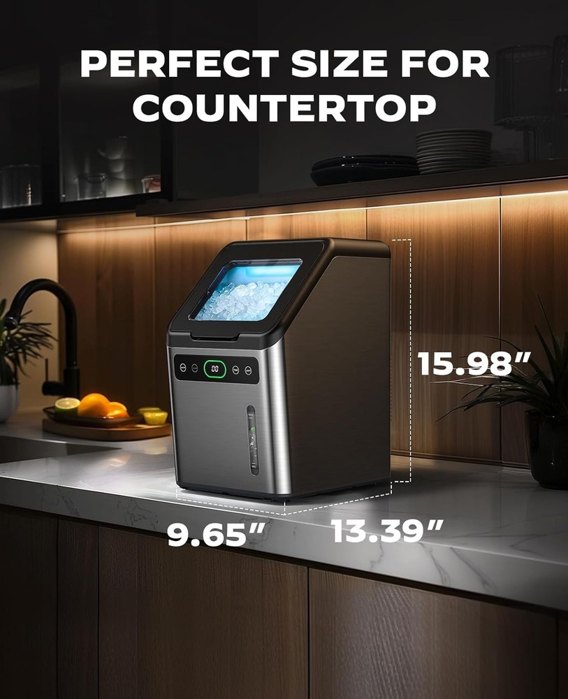 Compact Stainless Steel Nugget Ice Machine - 44lbs Daily & Timer Function